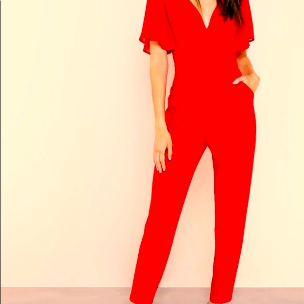 Red V Neck Flutter Sleeve Cocktail Jumpsuit
